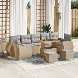 Set Divano Giardino 10 Pezzi con Cuscini Beige Rattan Polietilene Acacia, Set da Pranzo 3 Pezzi Giardino con Cuscini Beige Rattan Polietilene Acacia