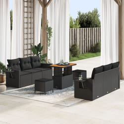 Set da Giardino Vidaxl 9 Pezzi con Cuscini Nero Rattan Poliestere Acacia, Set da Pranzo da Giardino Vidaxl 3 Pezzi con Cuscini Nero Rattan Poliestere
