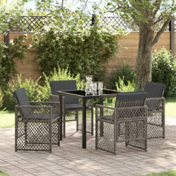 Set pranzo giardino vidaXL 5 Pezzi con Cuscini Grigio Rattan Sintetico, Tavolo giardino vidaXL Nero 80x80x73 cm Vetro Temperato