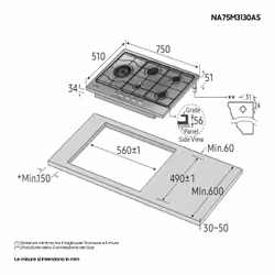 Samsung NA75M3130AS Piano cottura a gas 75cm 5 bruciatori, Inox - Vista aggiuntiva 4