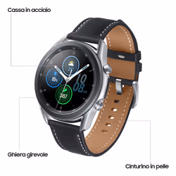 Samsung Galaxy Watch3 Smartwatch Bluetooth, cassa 45mm acciaio, cinturino pelle, Saturimetro, Rilevamento cadute, Monitoraggio sport, 53,8g, Batteria 340 mAh, IP68, Mystic Silver