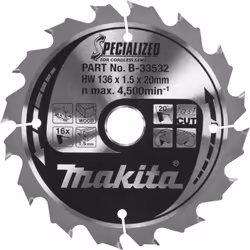 Makita B-33532 SPECIALIZED Kreissägeblatt 136 x 20 x 16Z, Holz Makita Holzsägeblatt mit 20 mm Bohrung und 16 Zähnen. Eigensch ...