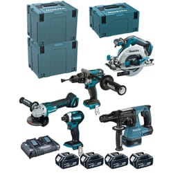 Kit DLX5038PTJ (DHP481 + DTD154 + DGA506 + DHR243 + DHS680 + 4 x 5,0 Ah + DC18RD + makpac 3 + 2 x makpac 4) - Makita