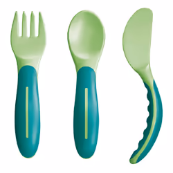 Posate Mam Baby's Cutlery 6+ Neutro: set per bambini dai 6 mesi, include forchetta, cucchiaio e coltello. Design ergonomico e ...