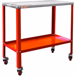 Carrello per saldatura mobile di costruzione robusta, dotato di tavolo superiore forato e vassoio inferiore per riporre utens ...
