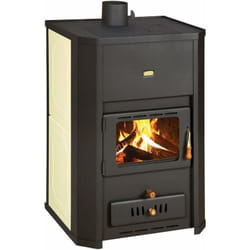 Stufa a legna per riscaldamento centralizzato. Stufa a combustibile solido con caldaia integrata. Potenza termica 6,1 + 18,2 kW. Modello Prity WD W24